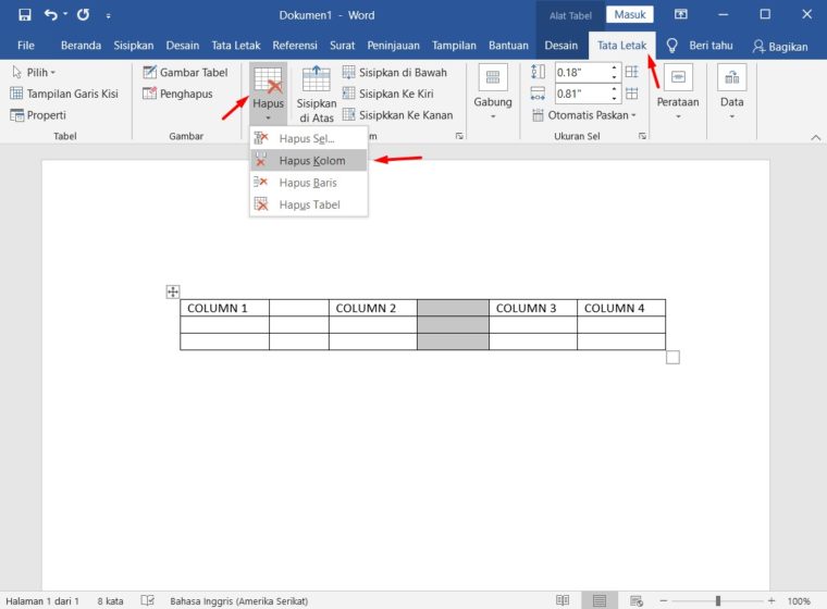 Cara ke-1 Menghapus Kolom di Word