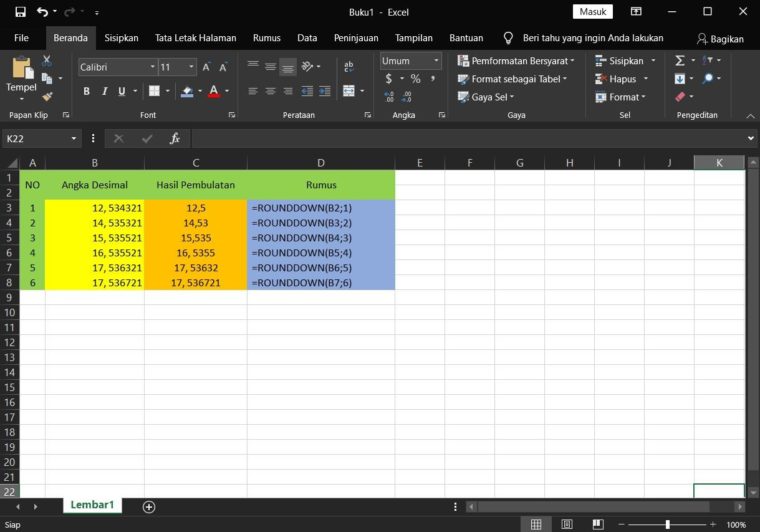 Contoh penggunaan rumus ROUNDDOWN Excel